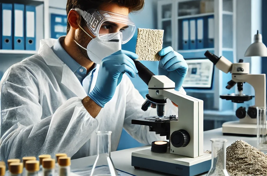 Technician examining a building material sample for asbestos in a laboratory